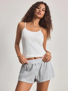 Ocili Women's Spring/Summer Basic Casual Minimalist Light Floral Gray Knit Ribbed Waistband & Hem Cuffed Low-Waist Super Shorts Loungewear - Light Grey - View 5