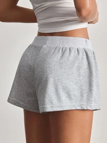 Ocili Women's Spring/Summer Basic Casual Minimalist Light Floral Gray Knit Ribbed Waistband & Hem Cuffed Low-Waist Super Shorts Loungewear - Light Grey - View 2
