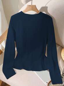 GlowEve Women's Round Neck Long Sleeve Front Button Ribbed Casual Versatile T-Shirt - Blue - View 2