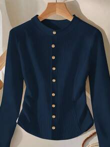 GlowEve Women's Round Neck Long Sleeve Front Button Ribbed Casual Versatile T-Shirt - Blue - View 1