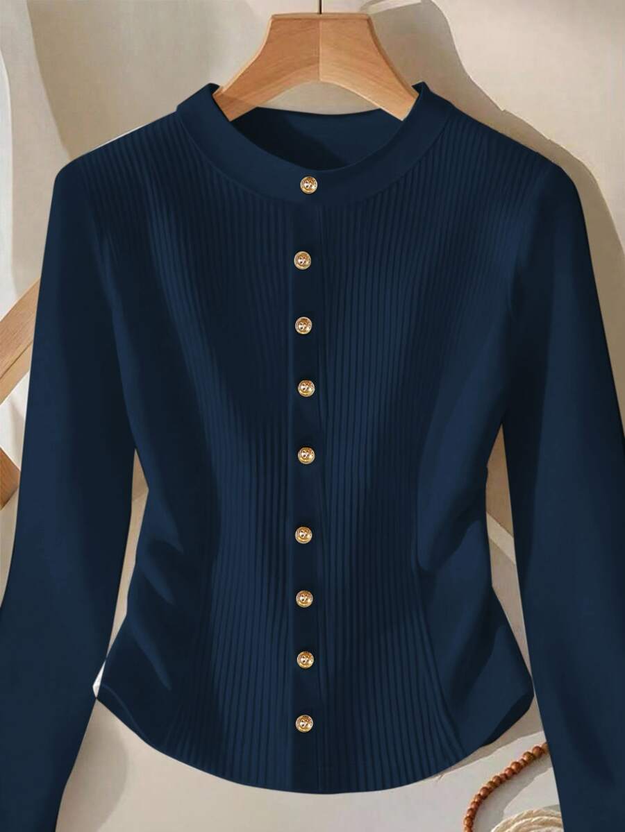 GlowEve Women's Round Neck Long Sleeve Front Button Ribbed Casual Versatile T-Shirt - Blue - View 1