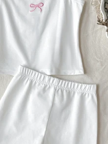 SHEIN LMoss Kids 少女蝴蝶結刺繡細肩帶背心與短褲內衣套裝 - 粉色 - 查看 2