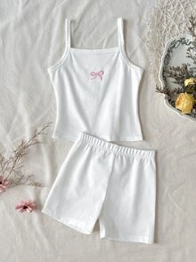 SHEIN LMoss Kids 少女蝴蝶結刺繡細肩帶背心與短褲內衣套裝 - 粉色 - 查看 4