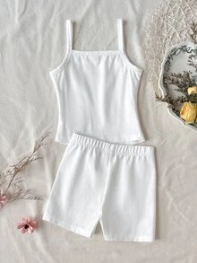SHEIN LMoss Kids 少女蝴蝶結刺繡細肩帶背心與短褲內衣套裝 - 粉色 - 查看 5