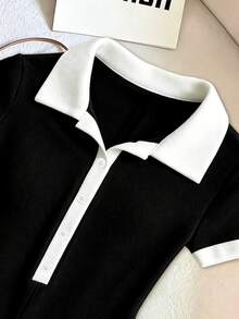 SHEIN Franclia 女款極簡時尚套裝 - Polo衫T恤，黑白休閒拼接色襯衫領連身衣，夏季穿著，女款夏季海灘連身衣，女款優雅連身衣，休閒連身衣，黑色連身衣，黑白拼接色連身衣 - 黑與白 - 查看 3