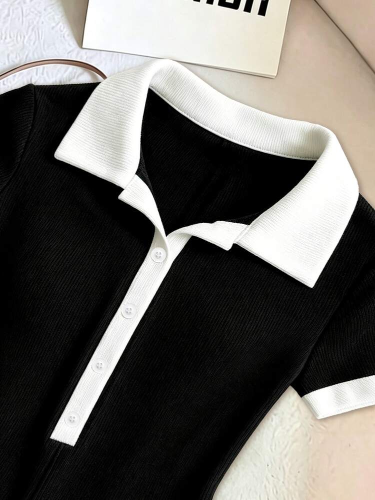 SHEIN Franclia 女款極簡時尚套裝 - Polo衫T恤，黑白休閒拼接色襯衫領連身衣，夏季穿著，女款夏季海灘連身衣，女款優雅連身衣，休閒連身衣，黑色連身衣，黑白拼接色連身衣 - 黑與白 - 查看 3