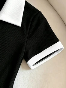SHEIN Franclia 女款極簡時尚套裝 - Polo衫T恤，黑白休閒拼接色襯衫領連身衣，夏季穿著，女款夏季海灘連身衣，女款優雅連身衣，休閒連身衣，黑色連身衣，黑白拼接色連身衣 - 黑與白 - 查看 4