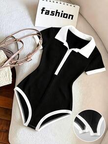 SHEIN Franclia 女款極簡時尚套裝 - Polo衫T恤，黑白休閒拼接色襯衫領連身衣，夏季穿著，女款夏季海灘連身衣，女款優雅連身衣，休閒連身衣，黑色連身衣，黑白拼接色連身衣 - 黑與白 - 查看 1