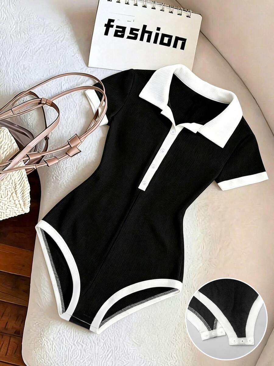 SHEIN Franclia 女款極簡時尚套裝 - Polo衫T恤,黑白休閒拼接色襯衫領連身衣,夏季穿著,女款夏季海灘連身衣,女款優雅連身衣,休閒連身衣,黑色連身衣,黑白拼接色連身衣 - 黑與白 - 查看 1