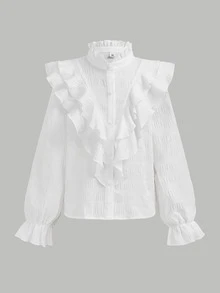 SHEIN Leap Crew Tween女孩女童襯衫 梭織純色優雅精緻復古立領荷葉邊紋理鈕扣喇叭袖白色襯衫 開學季 - 白色 - 查看 3