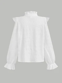 SHEIN Leap Crew Tween女孩女童襯衫 梭織純色優雅精緻復古立領荷葉邊紋理鈕扣喇叭袖白色襯衫 開學季 - 白色 - 查看 2