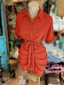 NostaNoir Lapel Single-Breasted Tie Waist Short Sleeve Shirt Dress - Orange Red - View 3