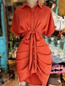 NostaNoir Lapel Single-Breasted Tie Waist Short Sleeve Shirt Dress - Orange Red - View 1
