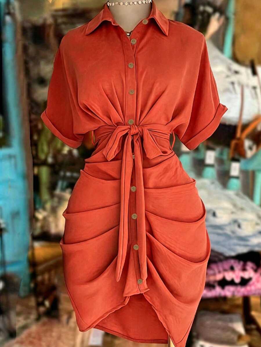 NostaNoir Lapel Single-Breasted Tie Waist Short Sleeve Shirt Dress - Orange Red - View 1