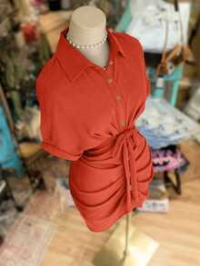 NostaNoir Lapel Single-Breasted Tie Waist Short Sleeve Shirt Dress - Orange Red - View 4