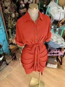 NostaNoir Lapel Single-Breasted Tie Waist Short Sleeve Shirt Dress - Orange Red - View 5
