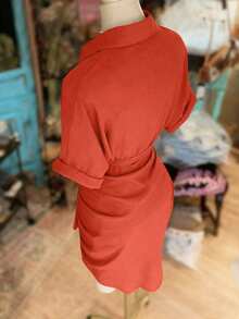 NostaNoir Lapel Single-Breasted Tie Waist Short Sleeve Shirt Dress - Orange Red - View 2