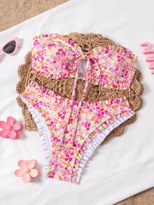 Swim Mod 女士夏季新款性感简约印花系带露背比基尼套装，适合海滩度假 - 彩色 - 查看 3
