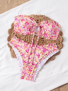 Swim Mod 女士夏季新款性感简约印花系带露背比基尼套装，适合海滩度假 - 彩色 - 查看 4