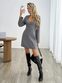 Easowa Women's Vintage Minimalist Long Sleeve Dress For Office And Commuting Fall Elegant Formal Dresses - Grey - View 6
