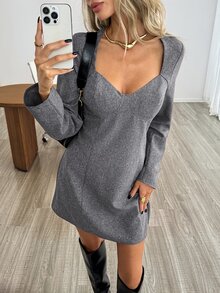 Easowa Women's Vintage Minimalist Long Sleeve Dress For Office And Commuting Fall Elegant Formal Dresses - Grey - View 3