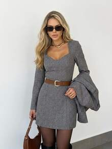 Easowa Women's Vintage Minimalist Long Sleeve Dress For Office And Commuting Fall Elegant Formal Dresses - Grey - View 1