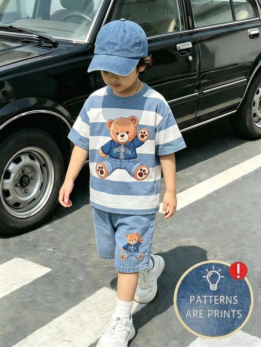 Kids Young Boy Casual Minimalist Cartoon Bear Striped Print T-Shirt And Shorts Set - Multicolor - View 1