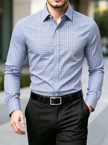 Manfinity Mode 男士格紋圖案設計師領長袖襯衫，適合丈夫、工作、爸爸、秋季、正式、儀式 - 白色 - 查看 1
