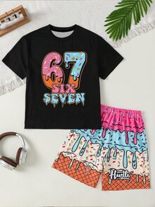 男嬰休閒數字印花T恤短褲套裝，適合夏季 - 彩色 - 查看 3