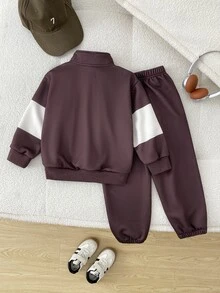 2pcs Young Boys Brown Casual-Stand Collar Half Zip Colorblock Horse Print&Trousers,Suitable For Fall/Winter,School,Back-To-School,Comfortable Set - Brown - View 2