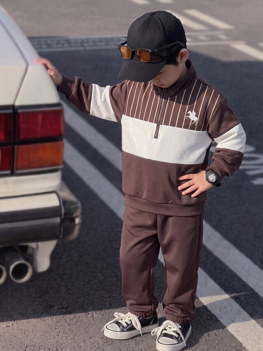 2pcs Young Boys Brown Casual-Stand Collar Half Zip Colorblock Horse Print&Trousers,Suitable For Fall/Winter,School,Back-To-School,Comfortable Set - Brown - View 1
