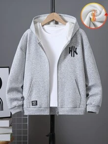 SHEIN 1件大童男孩極簡街頭風小字母印花連帽衛衣，休閒學院風舒適時尚簡約實用百搭，柔軟面料，適合日常穿著、上學、旅行、戶外運動，四季皆宜 - 灰色 - 查看 5
