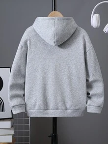 SHEIN 1件大童男孩極簡街頭風小字母印花連帽衛衣，休閒學院風舒適時尚簡約實用百搭，柔軟面料，適合日常穿著、上學、旅行、戶外運動，四季皆宜 - 灰色 - 查看 3