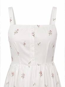 GlowEve CURVE New Plus Size Minimalist Fresh Elegant Romantic White Ditsy Floral Wide Strap Cinched Waist A-Line Midi Dress For Spring And Summer - Multicolor - View 5