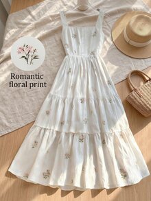 GlowEve CURVE New Plus Size Minimalist Fresh Elegant Romantic White Ditsy Floral Wide Strap Cinched Waist A-Line Midi Dress For Spring And Summer - Multicolor - View 3