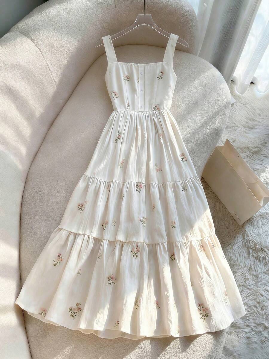 GlowEve CURVE New Plus Size Minimalist Fresh Elegant Romantic White Ditsy Floral Wide Strap Cinched Waist A-Line Midi Dress For Spring And Summer - Multicolor - View 1