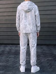 SHEIN 兒童 2 件組青少年男孩休閒街頭風乾葉圖案半拉鍊連帽外套與慢跑褲套裝，適合秋冬休閒運動風格 - 灰色 - 查看 4