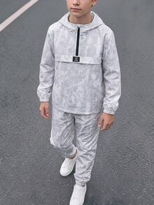 SHEIN 兒童 2 件組青少年男孩休閒街頭風乾葉圖案半拉鍊連帽外套與慢跑褲套裝，適合秋冬休閒運動風格 - 灰色 - 查看 5