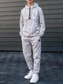 SHEIN 兒童 2 件組青少年男孩休閒街頭風乾葉圖案半拉鍊連帽外套與慢跑褲套裝，適合秋冬休閒運動風格 - 灰色 - 查看 6