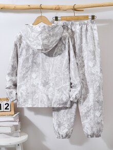 SHEIN 兒童 2 件組青少年男孩休閒街頭風乾葉圖案半拉鍊連帽外套與慢跑褲套裝，適合秋冬休閒運動風格 - 灰色 - 查看 3