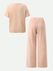 Casuvi Kids 2件組青少年女孩休閒運動風刺繡寬鬆百搭短袖上衣＋長褲套裝，適合日常穿著、上學，INS風格 - 粉色 - 查看 2