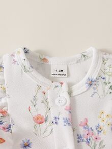 SHEIN 2件組新生女嬰連身褲 高級花卉印花 荷葉袖 黃色蝴蝶結緞帶 常規版夏季必備 嬰兒連身衣附髮帶 - 黃色 - 查看 8