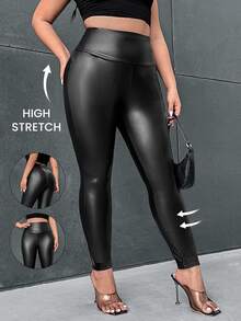 Firerie Plus Wideband Waist PU Leather  Black Spring  Leggings Winter - Black - View 2