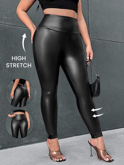 Firerie Plus Wideband Waist PU Leather  Black Spring  Leggings Winter
