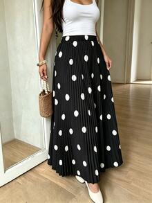 Modelyn Plus Size Women Polka Dot Pleated Casual Versatile Daily Wear Skirt - Black - View 5