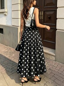 Modelyn Plus Size Women Polka Dot Pleated Casual Versatile Daily Wear Skirt - Black - View 2