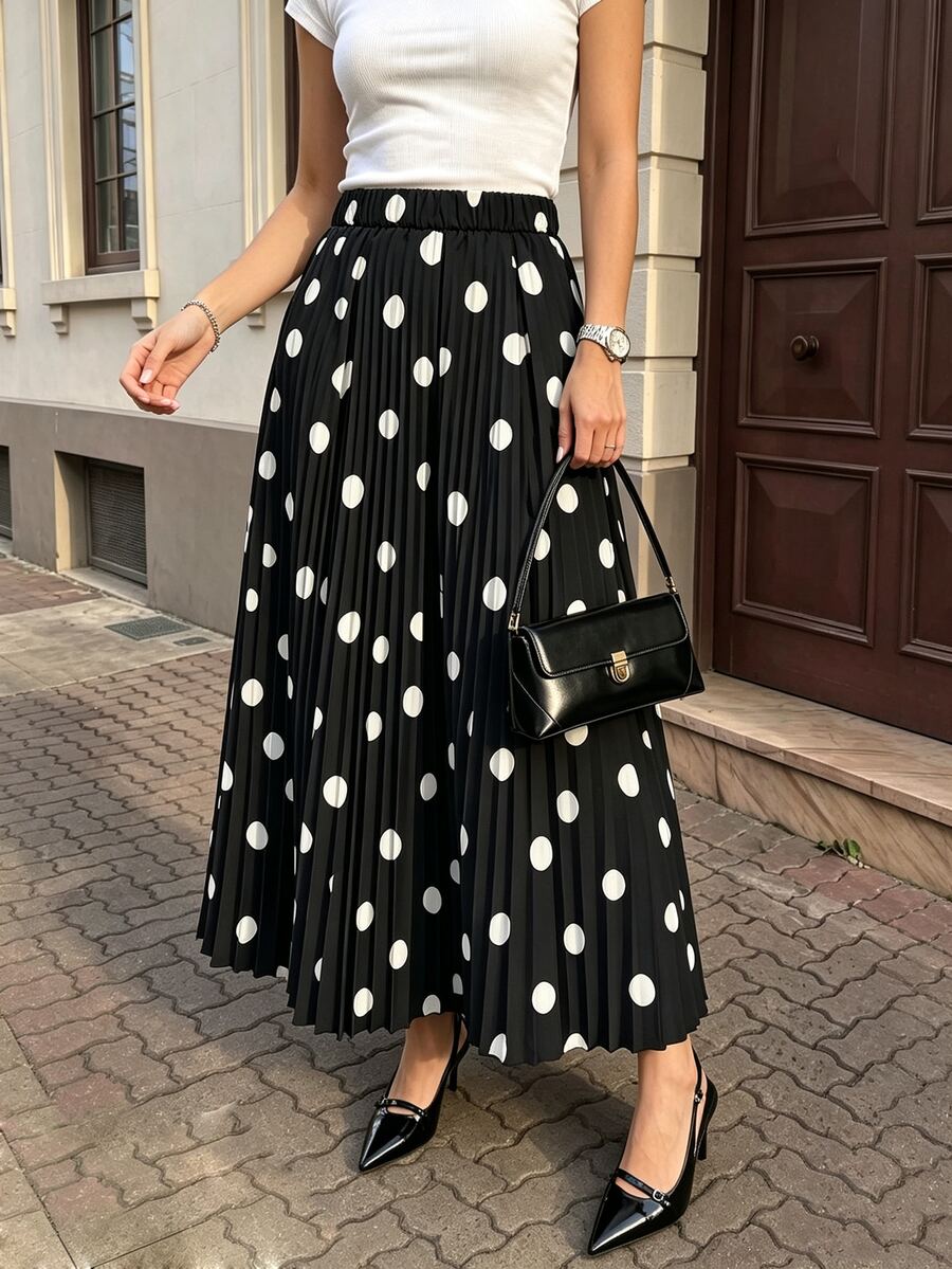 Modelyn Plus Size Women Polka Dot Pleated Casual Versatile Daily Wear Skirt - Black - View 1