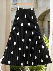 Modelyn Plus Size Women Polka Dot Pleated Casual Versatile Daily Wear Skirt - Black - View 3