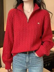 DAZY 1 件女士纯色前拉链长袖毛衣，适合日常休闲，秋季女装 - 紅色 - 查看 4