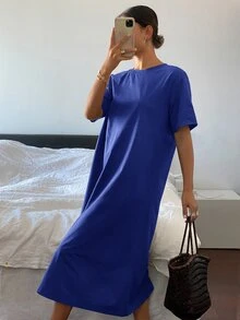 DAZY 女士休闲圆领短袖简约连衣裙，日常穿着太阳裙 - 藍色 - 查看 4